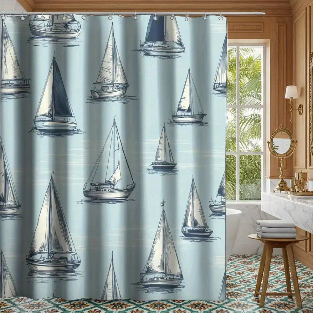 A refined sailboat-themed nautical shower curtain with a minimalist maritime pattern, sized at 70.87" x 70.87" for a modern coastal décor - Coastal Pillows Plus