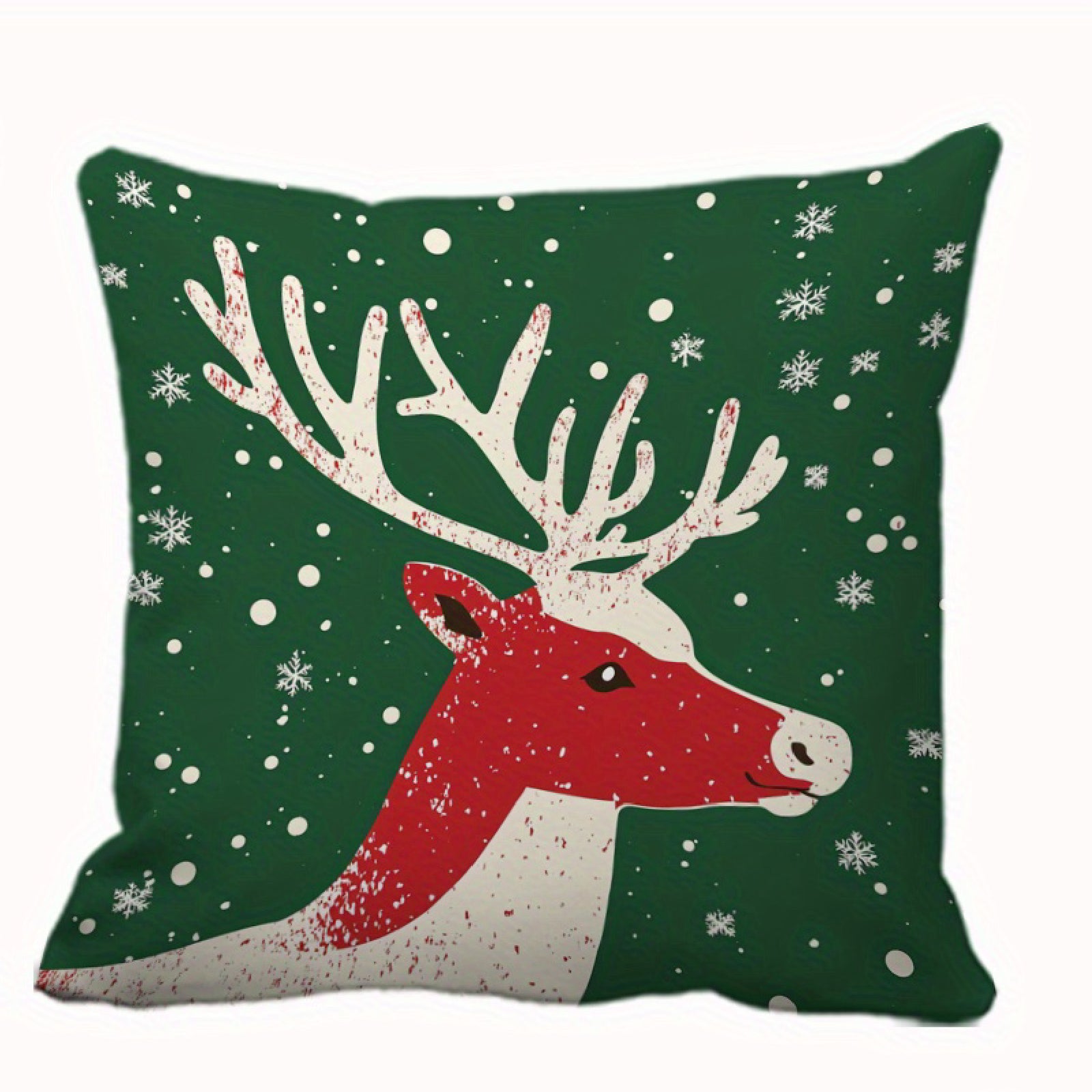 Pillow cover with a reindeer head on a green snowy background