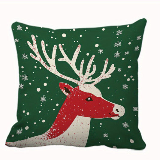 Pillow cover with a reindeer head on a green snowy background