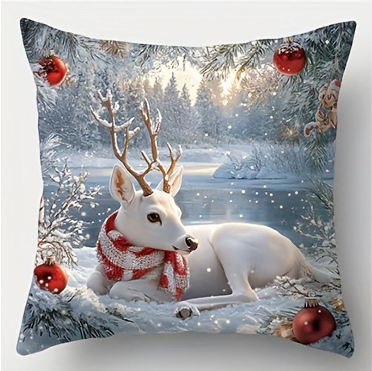 Pillow cover with a white reindeer wearing a scarf in a snowy winter scene with ornaments
