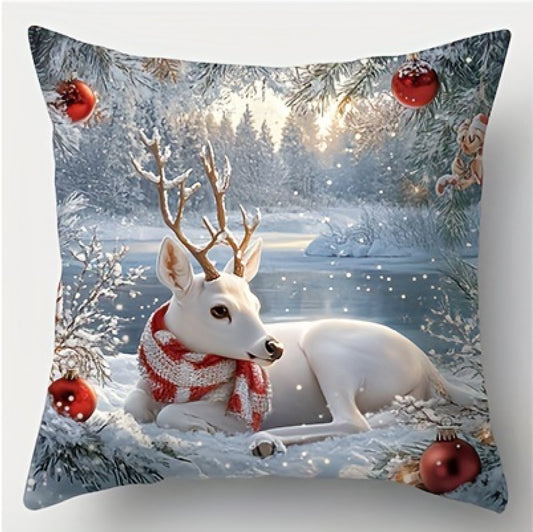 Pillow cover with a white reindeer wearing a scarf in a snowy winter scene with ornaments