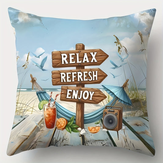 Coastal pillow cover featuring a wooden “Relax, Refresh, Enjoy” sign with beach scenery, hammock, and ocean background in soft blue and neutral tones.