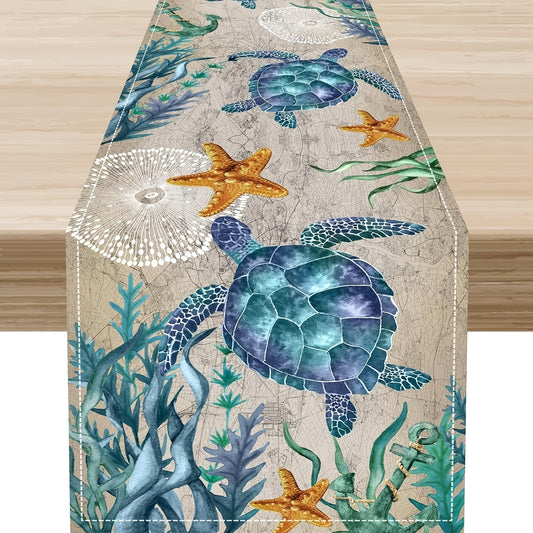 Retro Sea Turtle Linen Table Runner with Nautical Coastal décor Design - 13x48" High-Quality Fabric