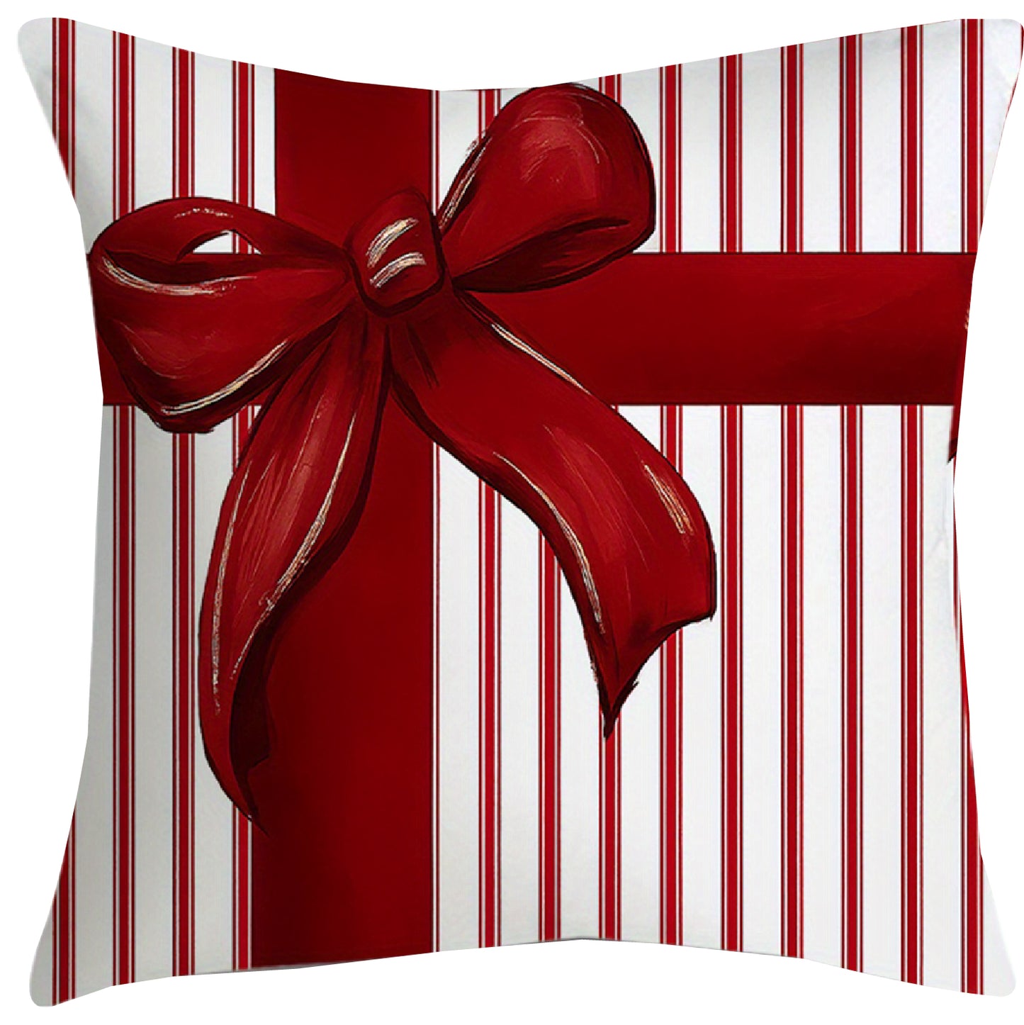 Red and white striped pillow cover with a large ribbon bow arranged like a wrapped gift