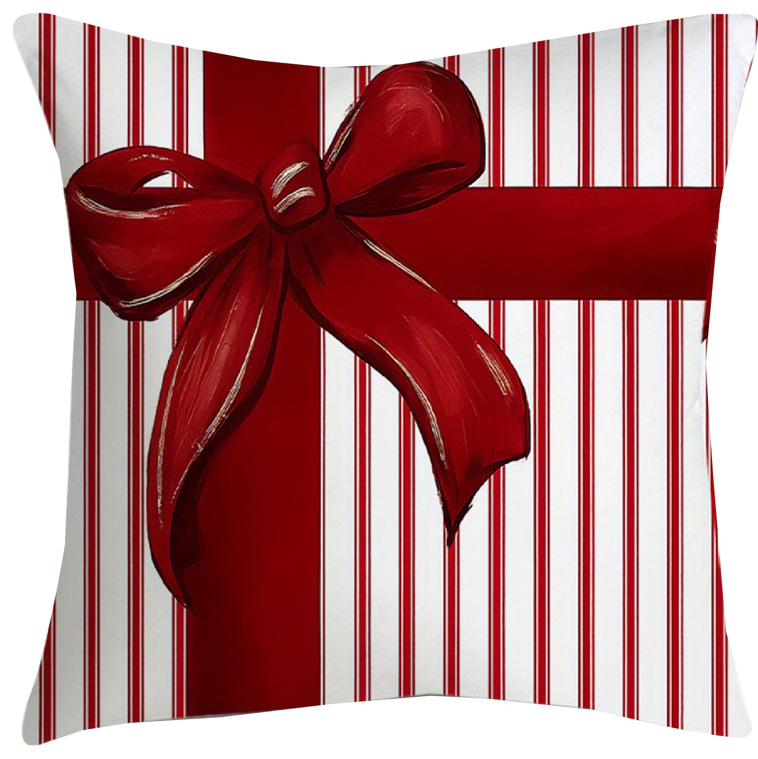 Red and white striped pillow cover with a large ribbon bow arranged like a wrapped gift