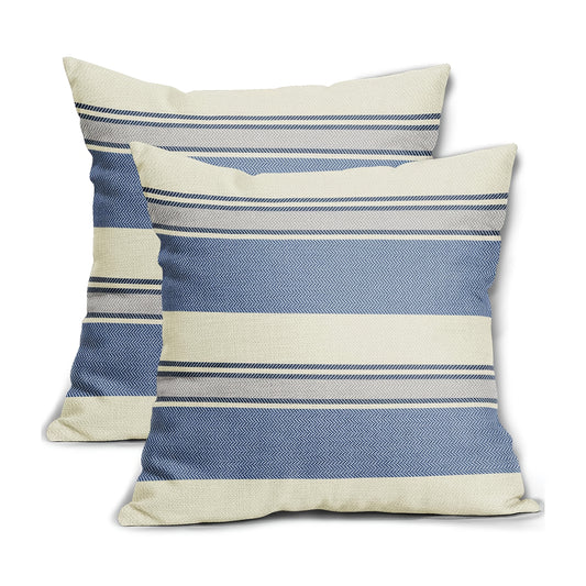 Richly Colored Blue and Gray Striped Pillow Covers with Modern Farmhouse Boho Décor, 18x18" - Coastal Pillows Plus