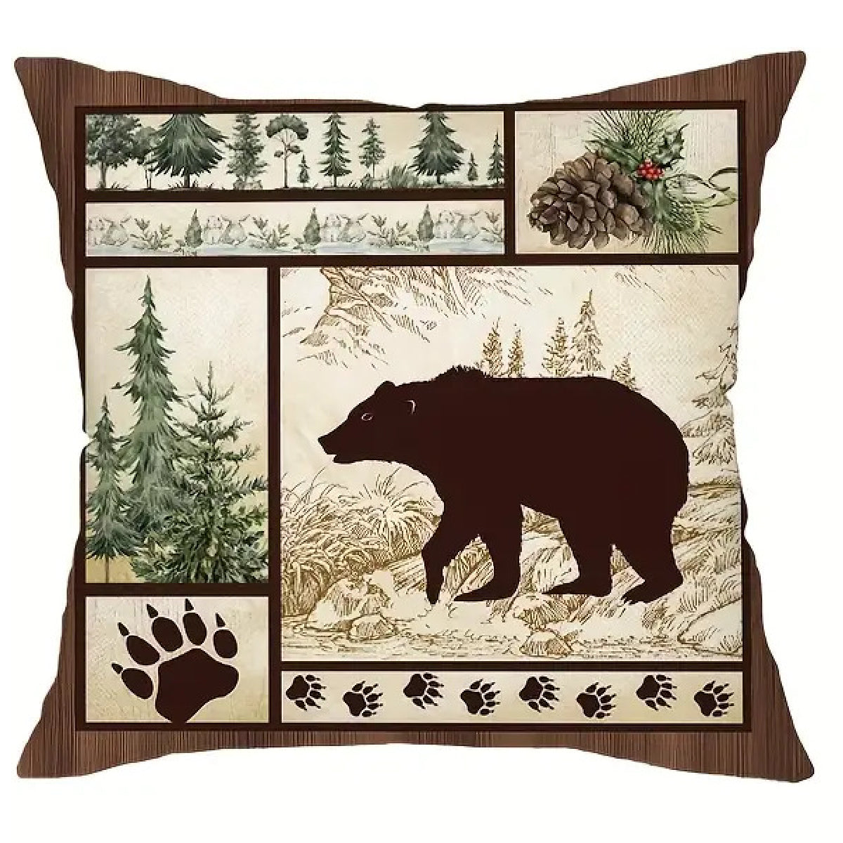 Square pillow cover featuring a bear silhouette facing left within a woodland collage layout with pine trees and paw print accents.