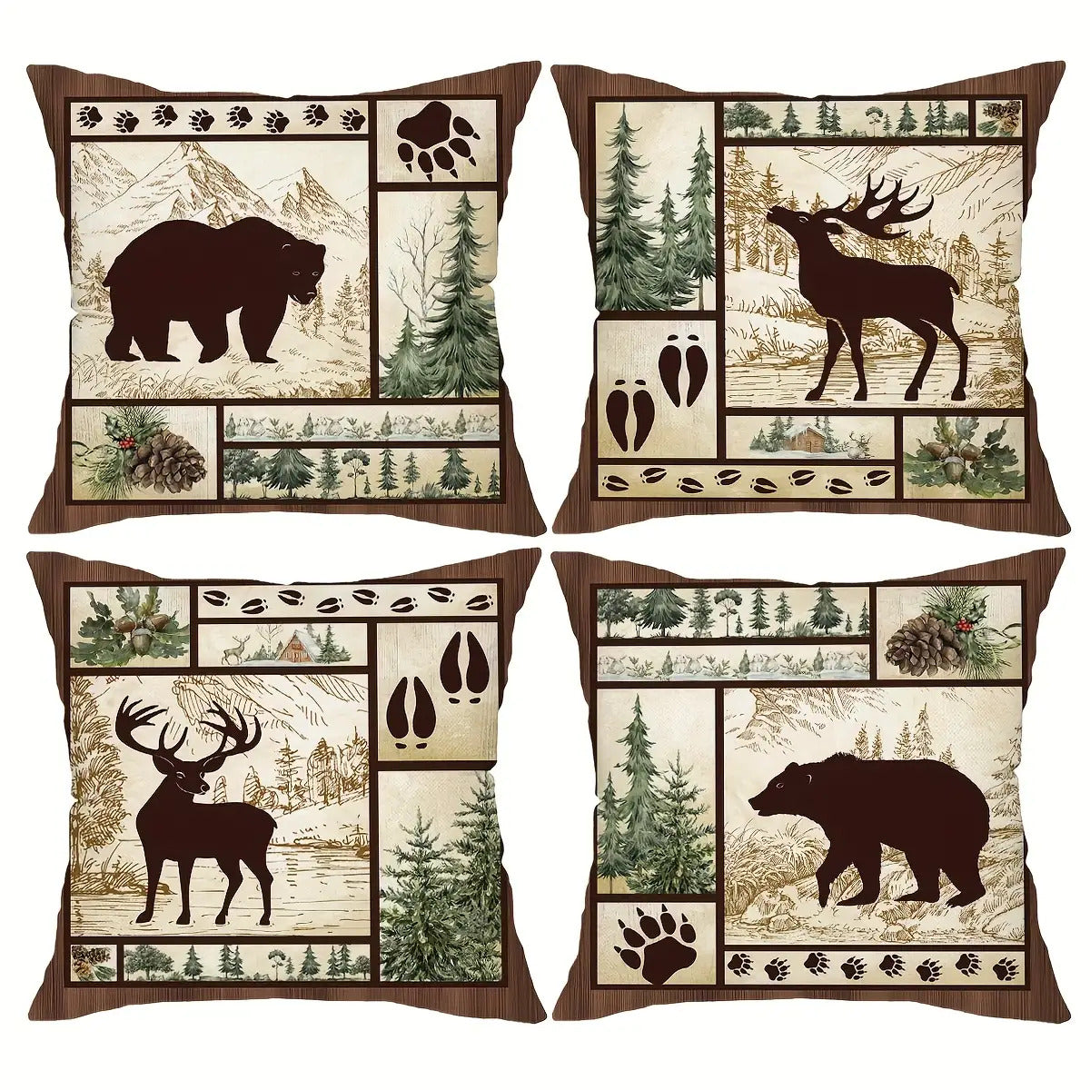 Set of four pillow covers featuring bear and deer silhouettes within a woodland collage layout with pine trees, cabin scenes, and track motifs.