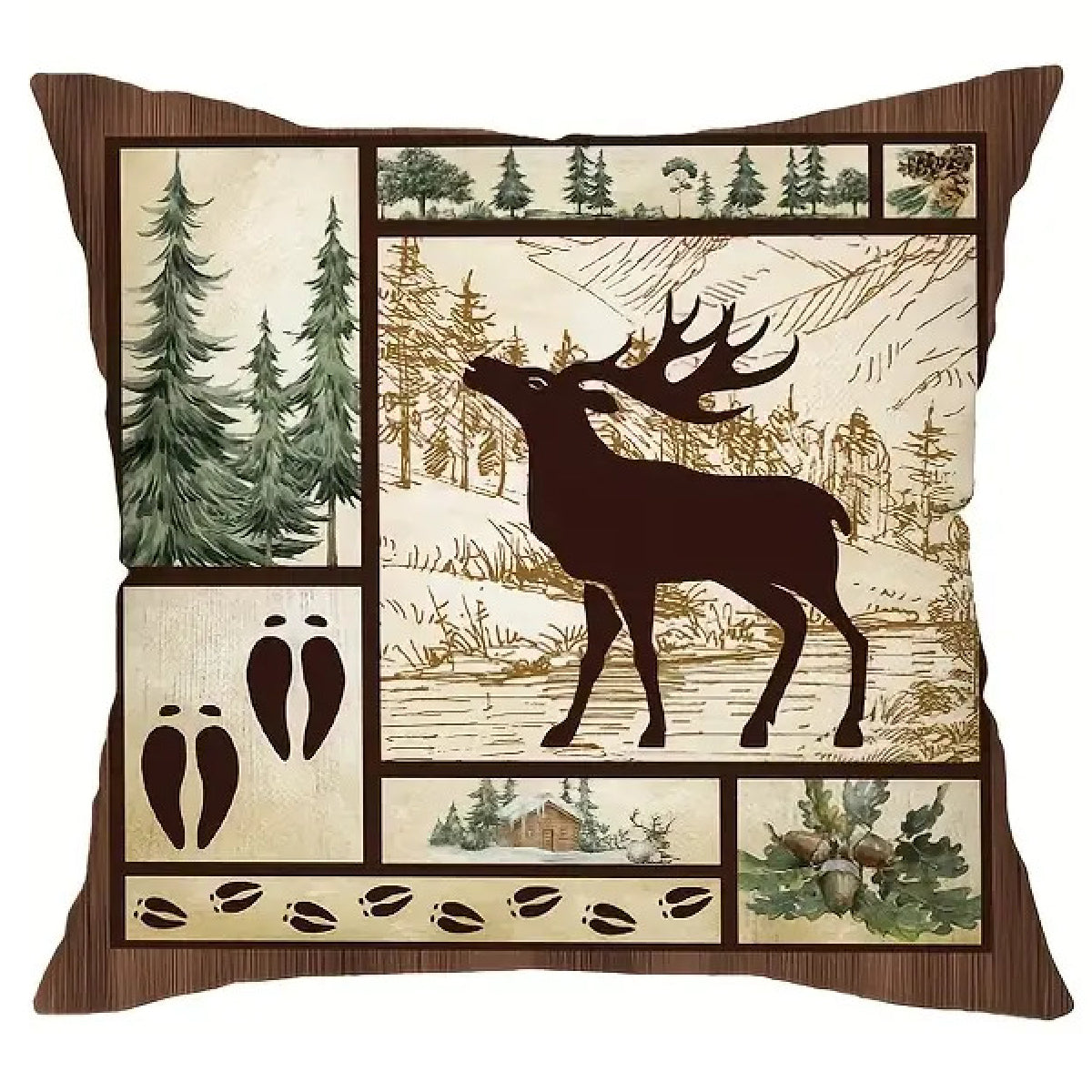 Square pillow cover featuring a deer silhouette facing left within a woodland collage layout with pine trees and hoof print accents.