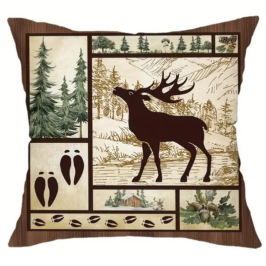 Square pillow cover featuring a deer silhouette facing left within a woodland collage layout with pine trees and hoof print accents.
