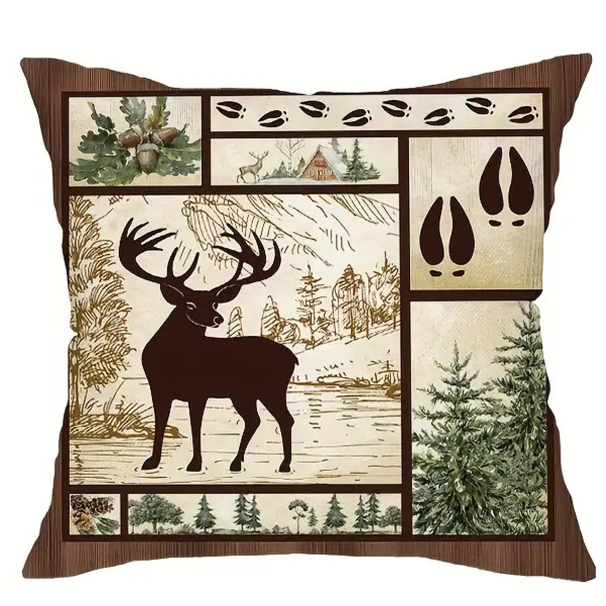 Square pillow cover featuring a deer silhouette facing right within a framed woodland collage of pine trees and cabin scenes.