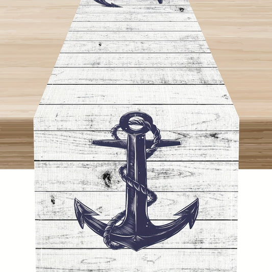 Rustic Distressed White Anchor Table Runner for Nautical Charm décor - Available in 13x48" or 13x72"