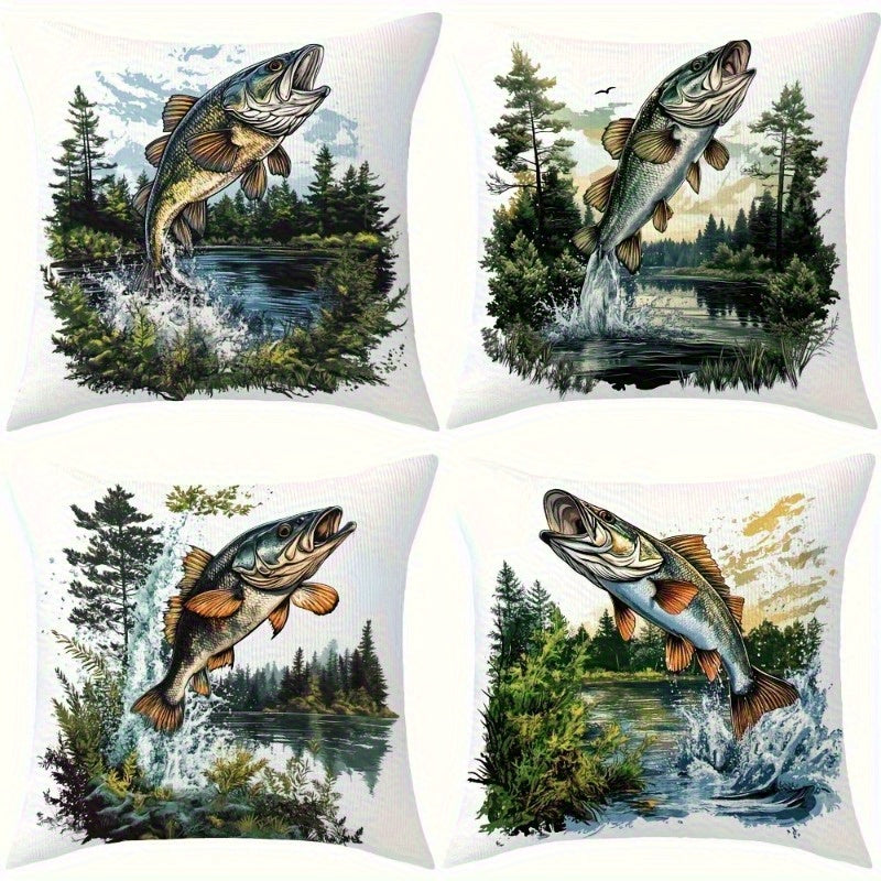 Set of four pillow covers featuring illustrated trout leaping from lake water with evergreen trees and mountain landscapes in the background.