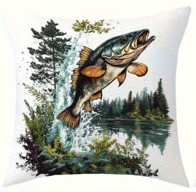 Square pillow cover featuring an illustrated trout leaping upward with a high water splash against a lake and forest backdrop.