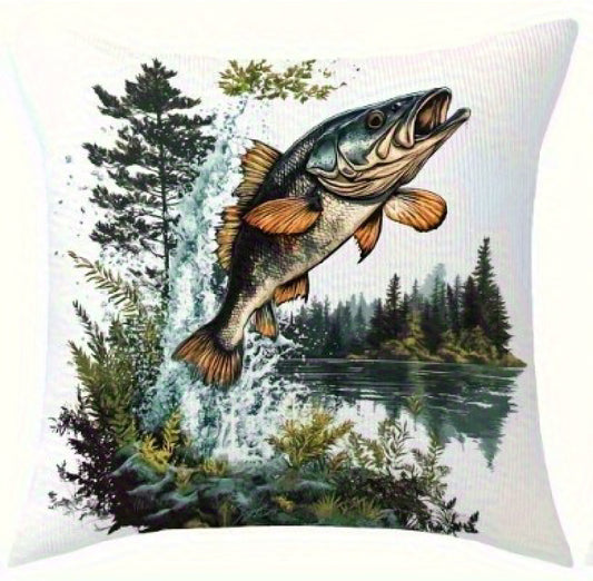Square pillow cover featuring an illustrated trout leaping upward with a high water splash against a lake and forest backdrop.