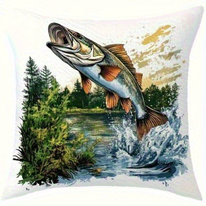 Square pillow cover featuring an illustrated trout leaping to the left above lake water with evergreen trees and mountains behind.
