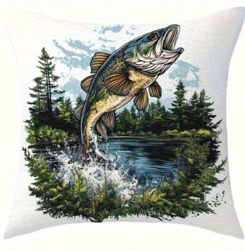 Square pillow cover featuring an illustrated trout leaping to the right above a lake with evergreen trees and mountains in the background.