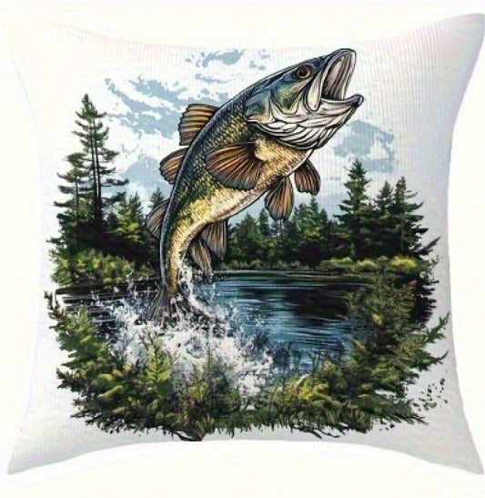 Square pillow cover featuring an illustrated trout leaping to the right above a lake with evergreen trees and mountains in the background.