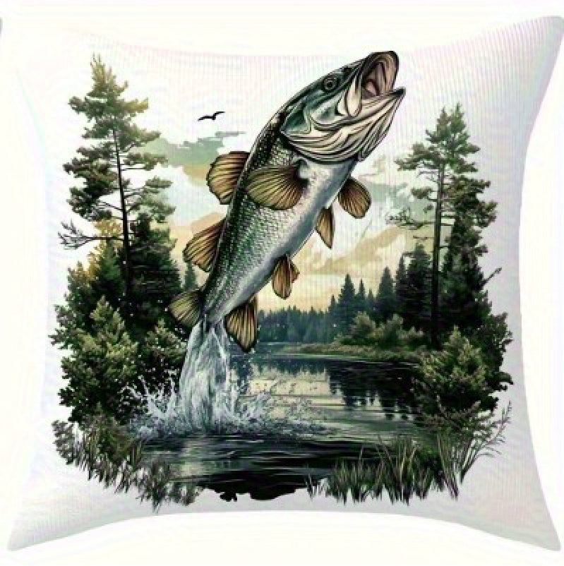 Square pillow cover featuring an illustrated trout leaping to the right above a lake with warm sunset tones behind evergreen trees.