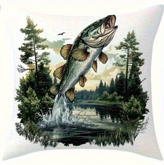 Square pillow cover featuring an illustrated trout leaping to the right above a lake with warm sunset tones behind evergreen trees.