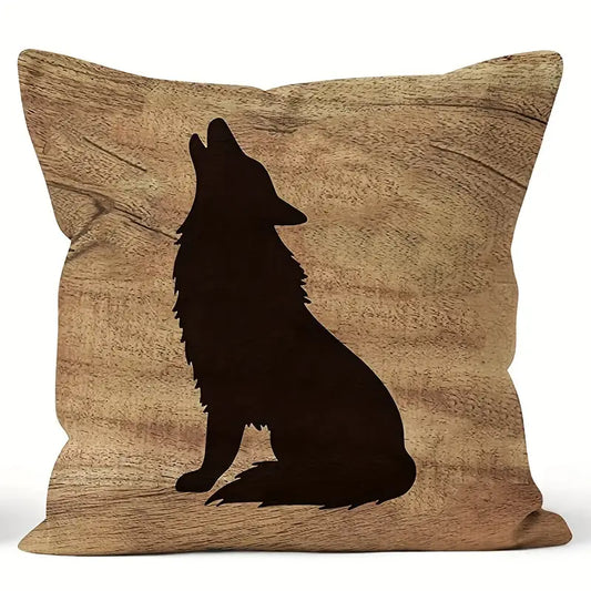 Square pillow cover featuring a dark wolf silhouette against a warm wood-grain background.