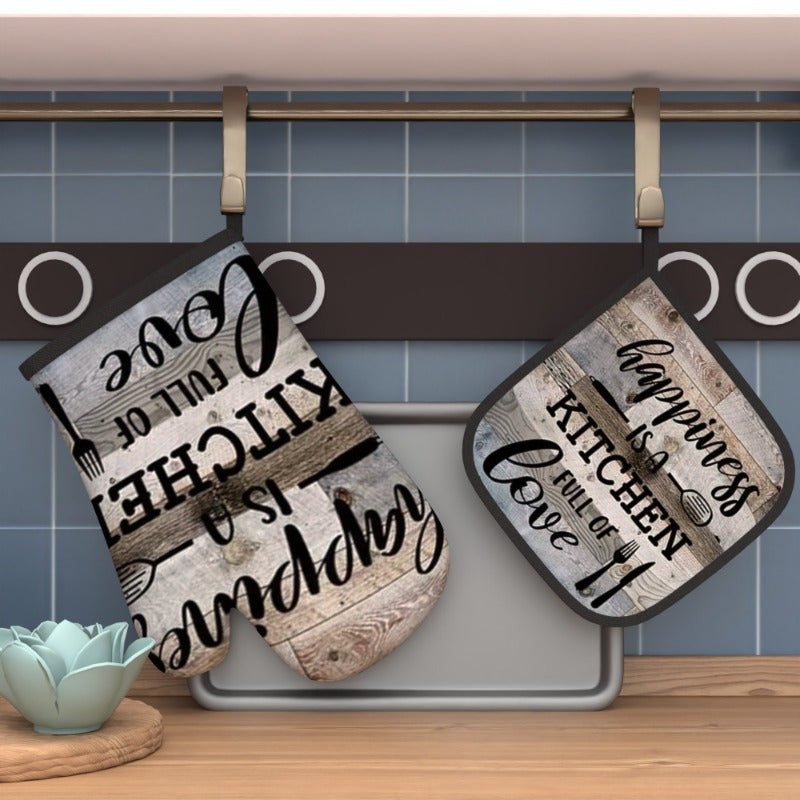 Rustic Wood Script Design Oven Mitt and Pot Holder Set - Heat-Resistant Machine-Washable Kitchen Decor - Coastal Pillows Plus