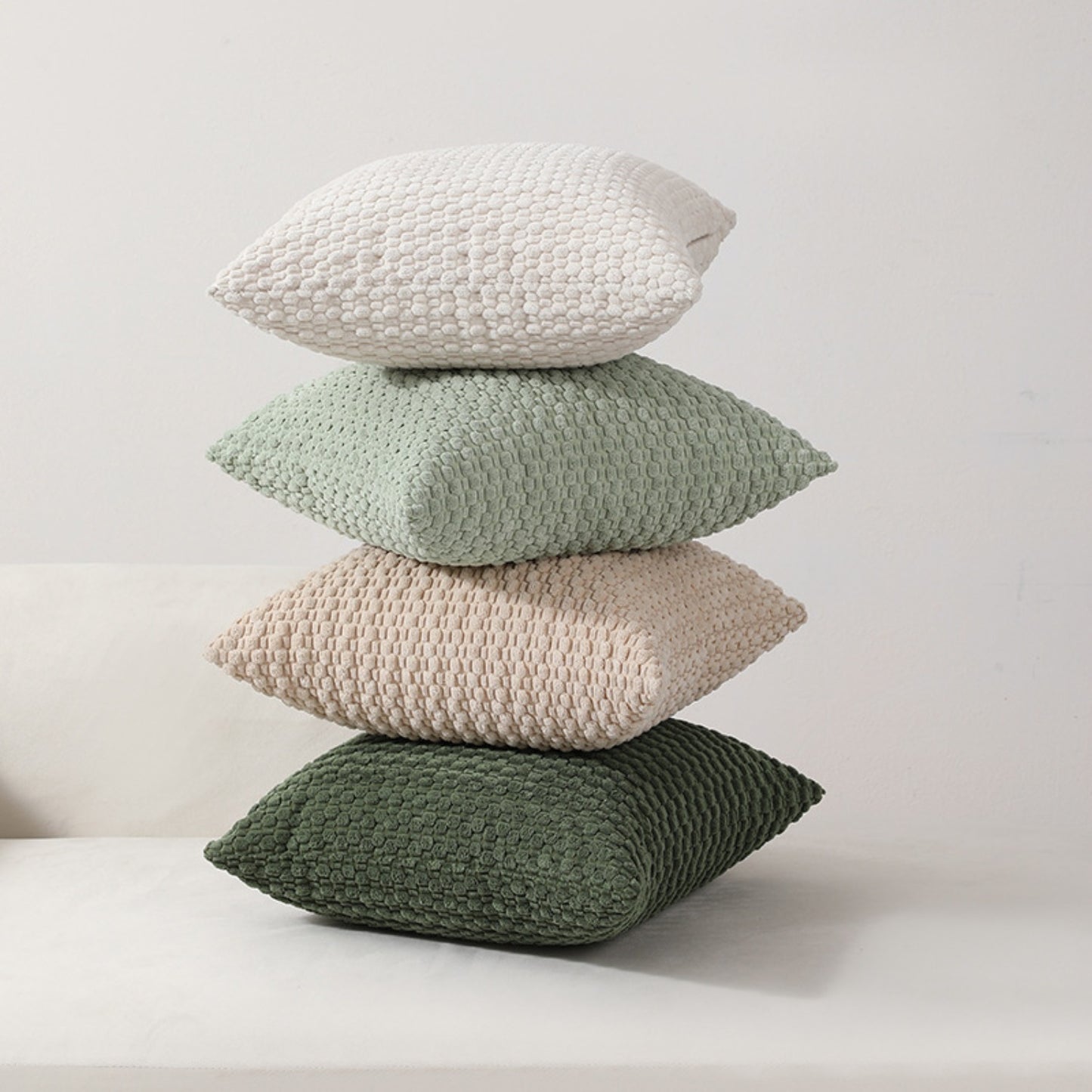 Grounded 18x18 inch cotton pillow covers in sage green, olive, beige, and white with plush corduroy and chunky knit textures for coastal décor – Coastal Pillows Plus.