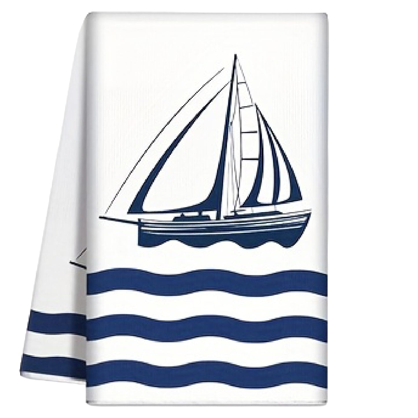 White nautical hand towel with a navy sailboat illustration and blue wave patterns - Coastal Pillows Plus