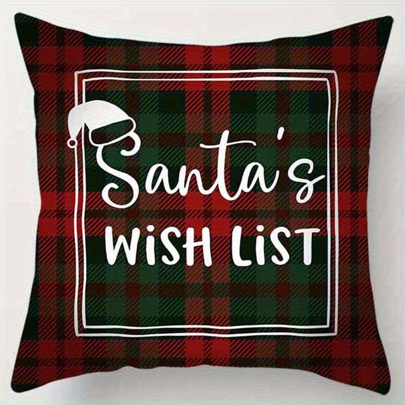 Red and green plaid pillow cover with Santa's Wish List text inside a frame