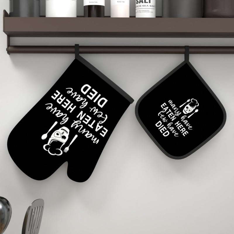 Sarcastic "Many have eaten here and few have died" Black and White Heat-Resistant Oven Mitt and Pot Holder Set - Coastal Pillows Plus
