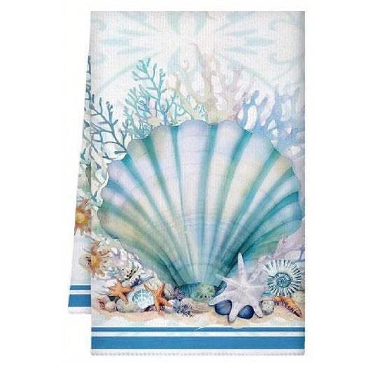 Towel with a shell and sea creature design on a white background
