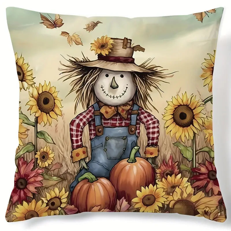 Scarecrow and Sunflowers Harvest Pillow Cover – 18x18