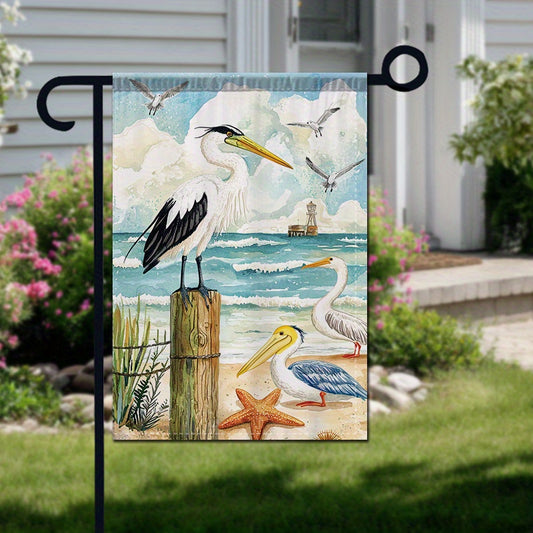 Scenic Coastal Beach Scene Garden Flag with Herons & Pelicans, Double-Sided 12x18 Nautical Decor - Coastal Pillows Plus