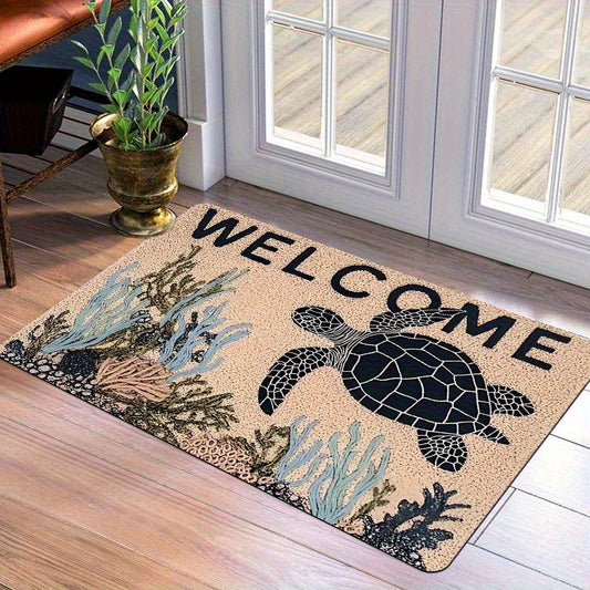 Coastal welcome mat featuring a sea turtle swimming among coral reef details on a sandy background.