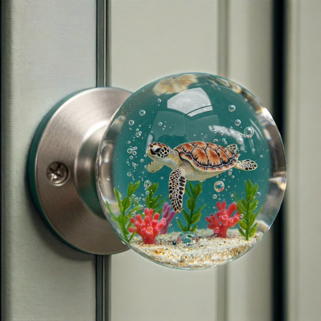 Detailed sea turtle resin door knob with blue and green ocean accents - Coastal Pillows Plus