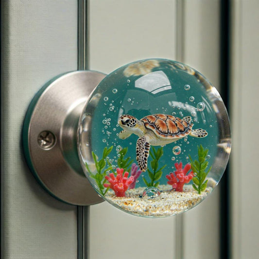 Detailed sea turtle resin door knob with blue and green ocean accents - Coastal Pillows Plus