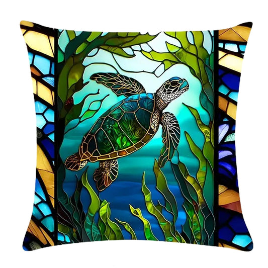 Square 18x18 pillow cover featuring a centered sea turtle surrounded by blue and green ocean tones with stained-glass-style framing details.