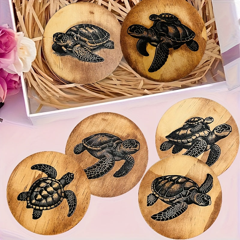 Round wooden coasters with engraved sea turtle designs on natural wood arranged on a tabletop.