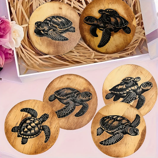 Round wooden coasters with engraved sea turtle designs on natural wood arranged on a tabletop.
