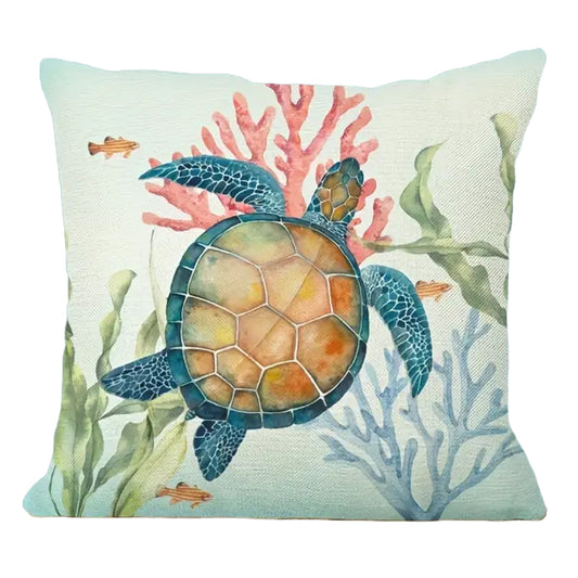 18"x18" linen pillow cover featuring a watercolor sea turtle swimming among coral and sea plants in soft ocean tones.