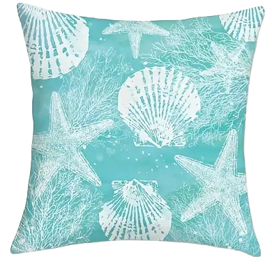 Elegant turquoise seashell and starfish collage decorative pillowcase for nautical beach décor – Coastal Pillows Plus.