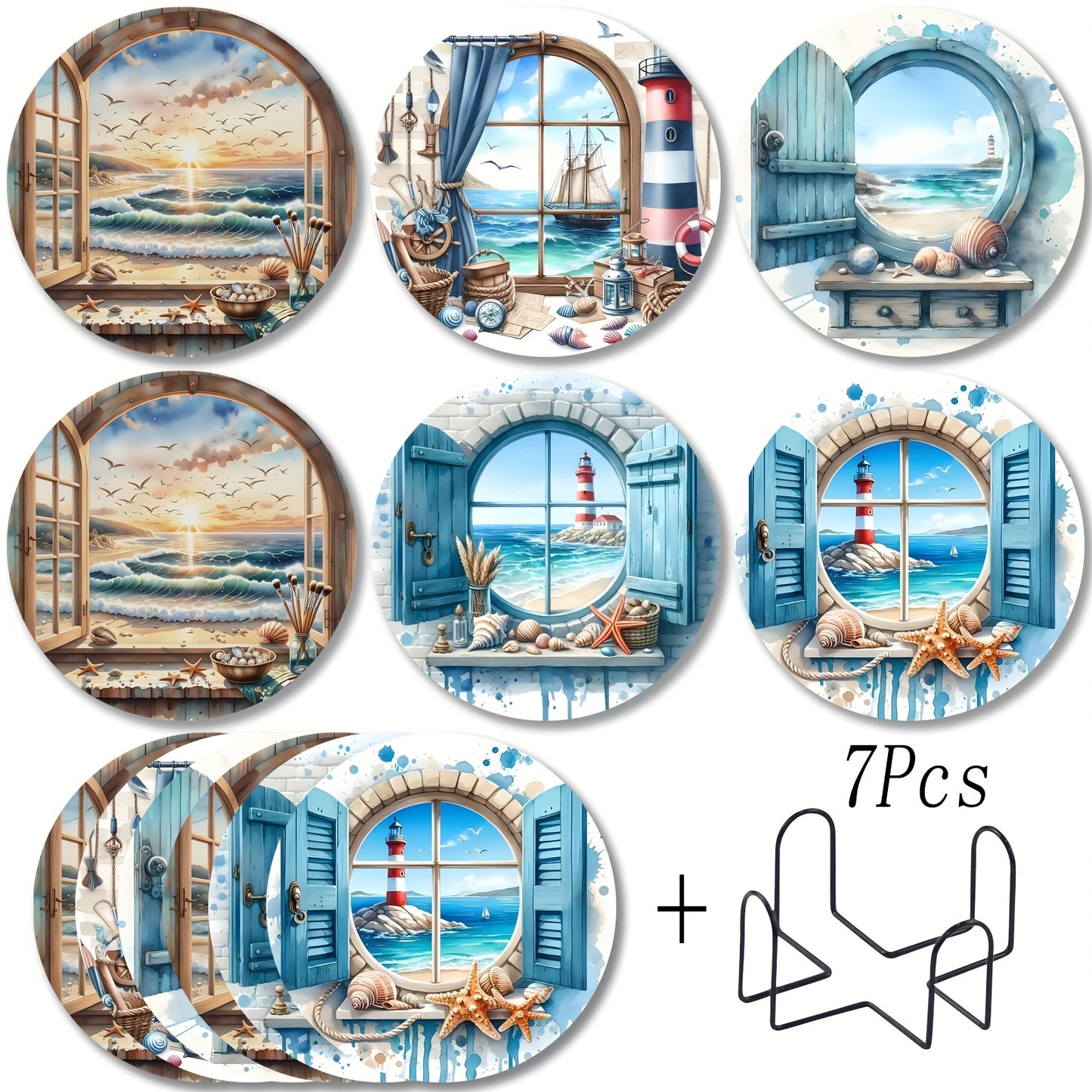 Round wooden coasters with coastal window and lighthouse ocean scenes with a black metal holder.