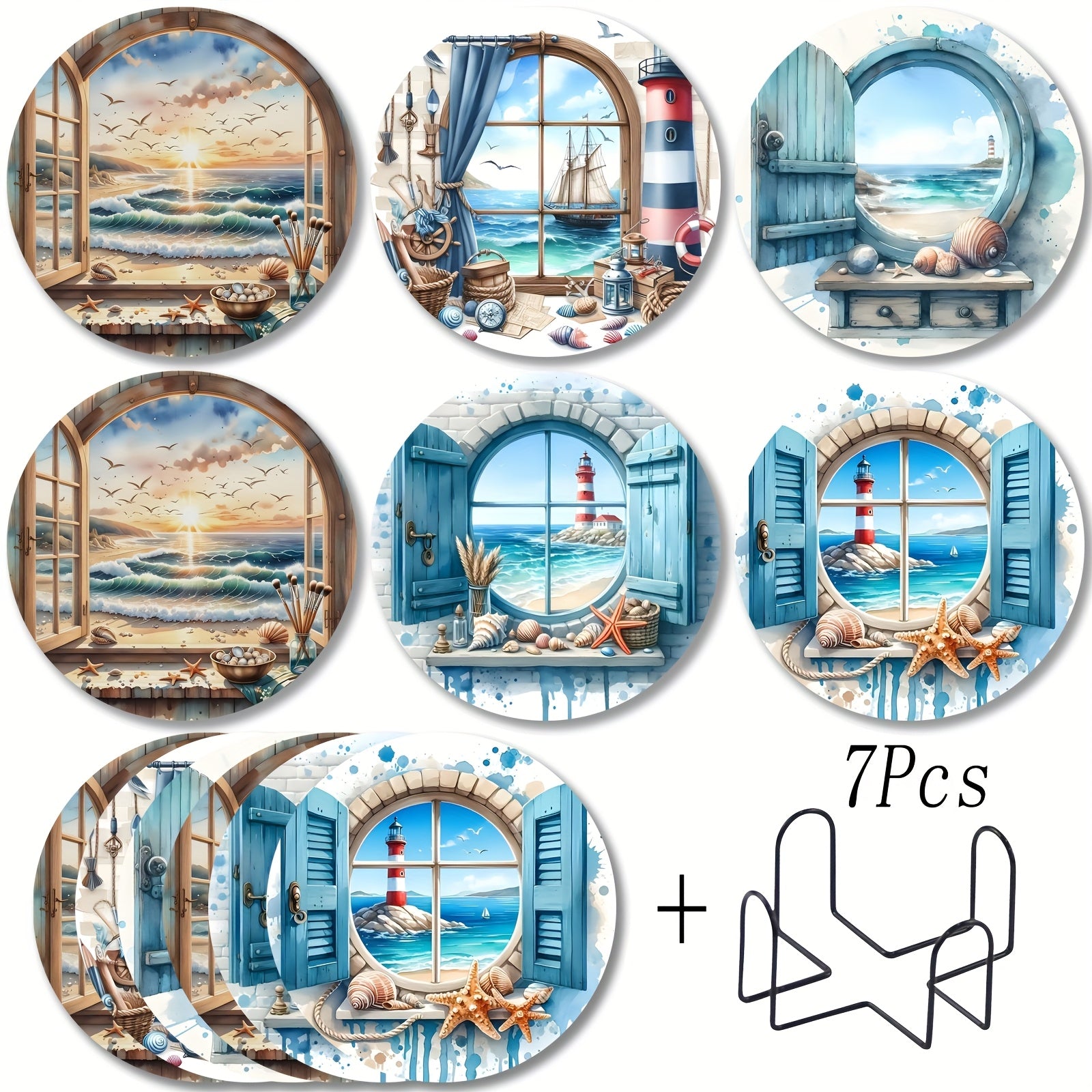 Round wooden coasters with coastal window and lighthouse ocean scenes with a black metal holder.
