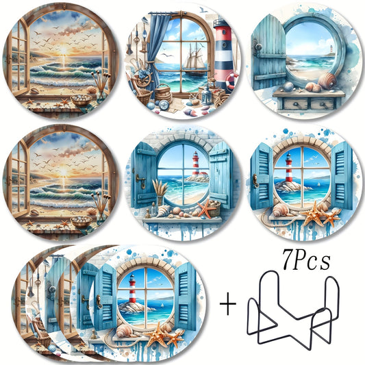 Round wooden coasters with coastal window and lighthouse ocean scenes with a black metal holder.