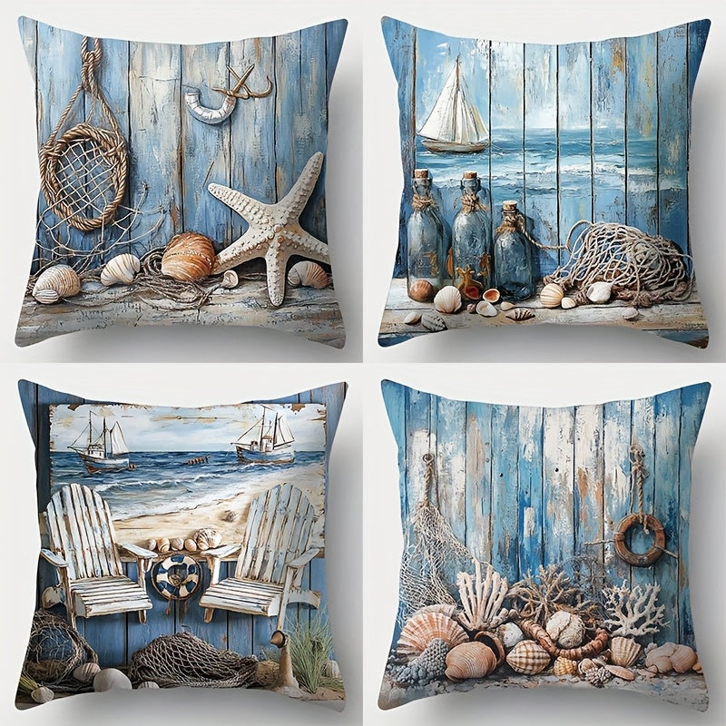 Four coastal pillow covers featuring shells, fishing nets, glass bottles, beach chairs, and seaside objects against weathered blue wood backgrounds.