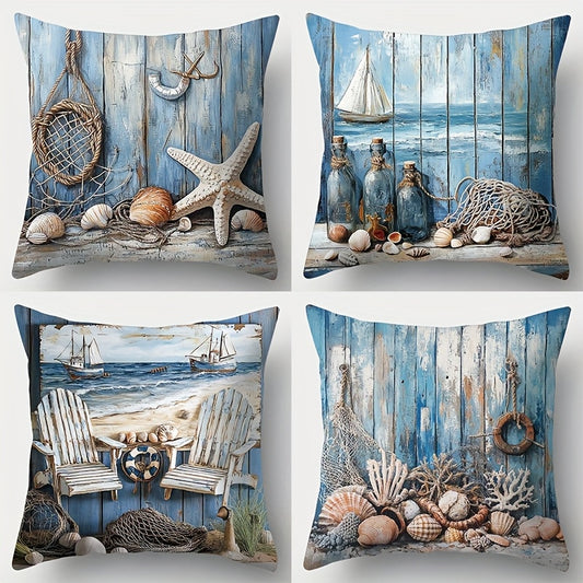 Four coastal pillow covers featuring shells, fishing nets, glass bottles, beach chairs, and seaside objects against weathered blue wood backgrounds.