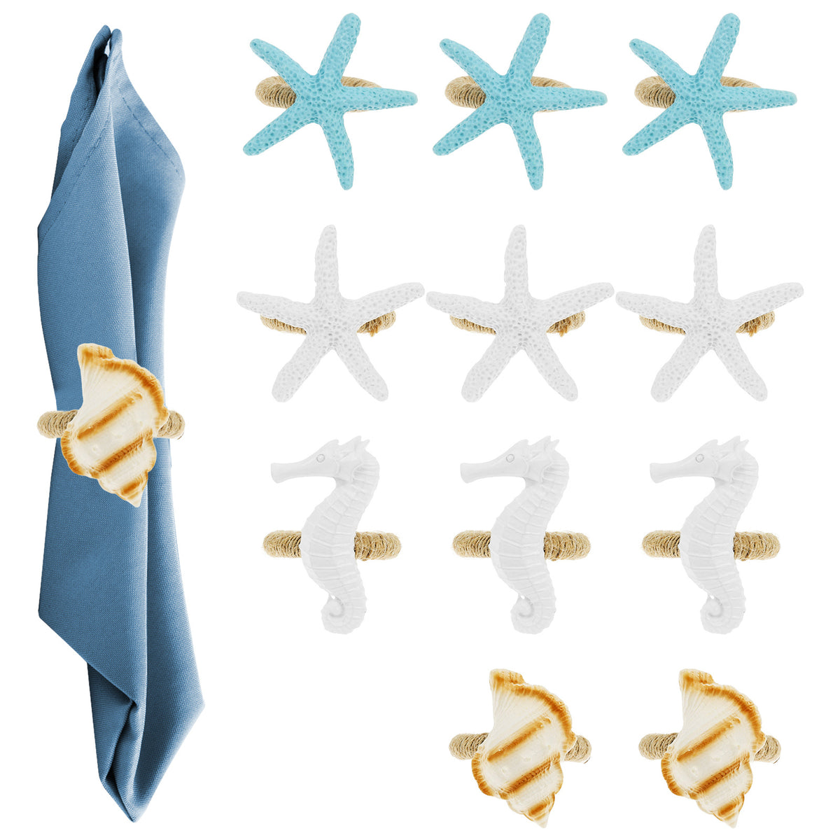 Coastal resin nautical napkin rings set with starfish seahorse and shell napkin holders for beach table setting