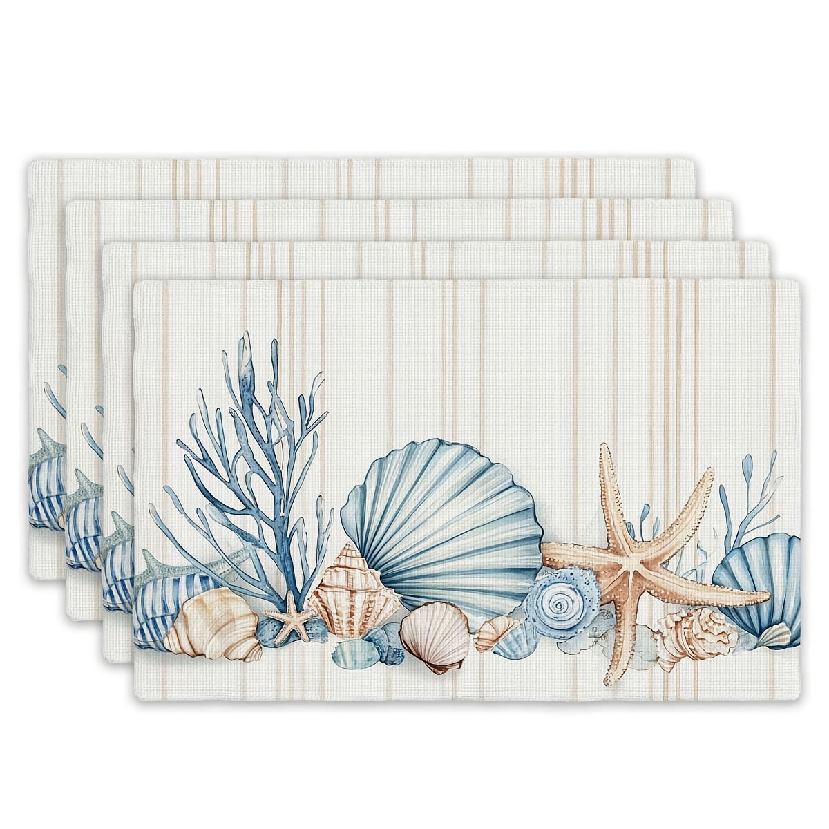 Seaside shell and starfish coastal placemats set of four with blue ocean shells and starfish design.
