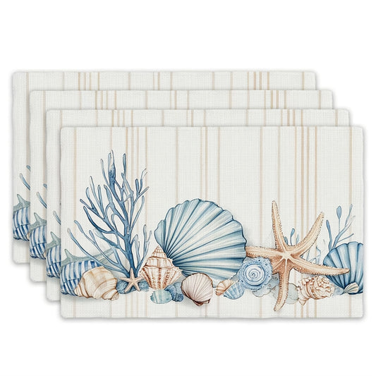 Seaside shell and starfish coastal placemats set of four with blue ocean shells and starfish design.