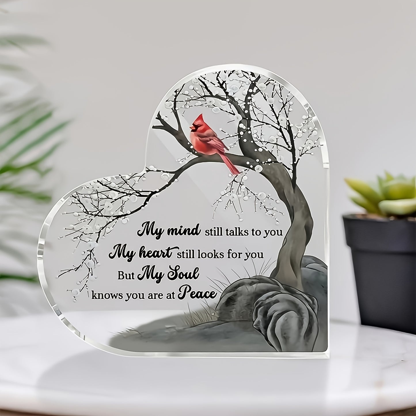 Heart-shaped acrylic plaque featuring a red cardinal on a branch with a sentimental memorial message - Coastal Pillows Plus